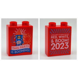 Duplo, Brick 1 x 2 x 2 with 'THIS PARTY IS BOOMING!' and 'RED, WHITE, & BOOM! 2023' LEGOLAND Florida Resort Pattern Duplo, Brick 1 x 2 x 2 with 'THIS PARTY IS BOOMING!' and 'RED, WHITE, & BOOM! 2023' LEGOLAND Florida Resort Pattern