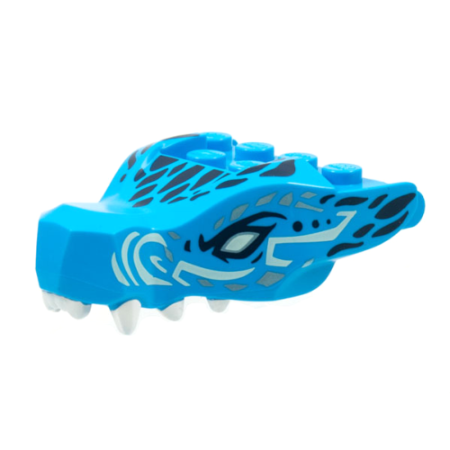 Деталь LEGO 72362pb02 Dragon Head (Ninjago) Jaw with 2 Bar Handles on Back with Light Aqua Eyes, White Teeth, and Black and Metallic Light Blue Scales Pattern