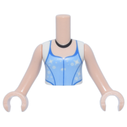 Torso Mini Doll Girl Bright Light Blue Top with White Cap Sleeves, Blue Trim, White Dots and Sparkles, Black Necklace Pattern, Light Nougat Arms with Hands