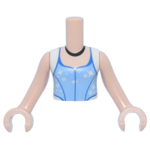 Деталь LEGO FTGpb502c01 Torso Mini Doll Girl Bright Light Blue Top with White Cap Sleeves, Blue Trim, White Dots and Sparkles, Black Necklace Pattern, Light Nougat Arms with Hands