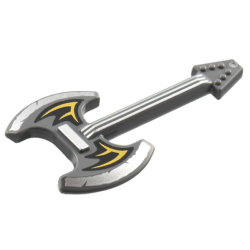 Minifigure, Utensil Musical Instrument, Guitar Electric Axe with Silver Blades and Strings, Black and Gold Bat Wings Pattern