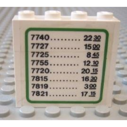 Деталь LEGO BA006pb09 Stickered Assembly 4 x 1 x 3 with Train Schedule Pattern (Sticker) - Set 7824 - 3 Brick 1 x 4