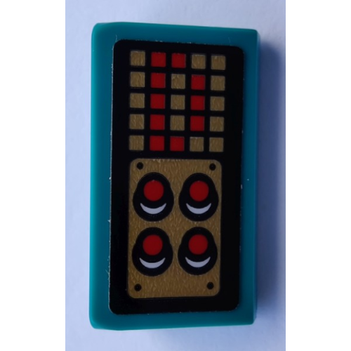 Деталь LEGO 85984pb350 Slope 30 1 x 2 x 2/3 with 4 Red Buttons and Pixelated Display with Letter D Pattern (Sticker) - Set 80012