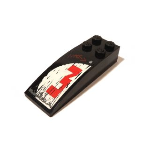 Деталь LEGO 44126pb024 Slope, Curved 6 x 2 with Red '3' and Gray Scratches over White Semicircle Pattern (Sticker) - Set 5973