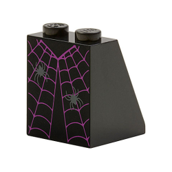 Slope 65 2 x 2 x 2 with Bottom Tube with Minifigure Dress / Skirt / Robe, Magenta Spider Web, Dark Bluish Gray Spiders Pattern (BAM)