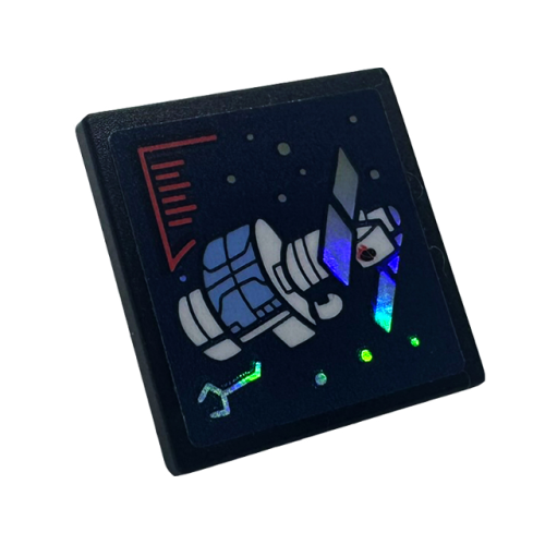 Деталь LEGO 15210pb190 Road Sign 2 x 2 Square with Open O Clip with Screen with White and Bright Light Blue Satellite, Coral Writing, Iridescent Mirrored Solar Panels and Dots on Dark Blue Background Pattern (Sticker) - Set 41713