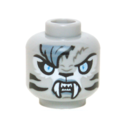 Minifigure, Head Alien Chima Tiger with Bright Light Blue Eyes, Black Nose and Stripes, Sand Blue Bangs and Lips, and White Fangs Pattern