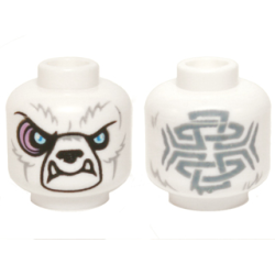 Minifigure, Head Alien Chima Bear with Black Nose, Bright Light Blue Eyes, Light Bluish Gray Fur, Medium Lavender Sinews, Lower Fangs, and Sand Blue Tribal Markings Pattern