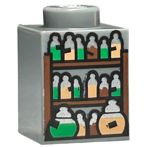 Деталь LEGO 3005pb062 Brick 1 x 1 with Shelves and Potion Bottles with Black Labels, Silver Tops, and Green, Nougat, and Reddish Brown Contents Pattern