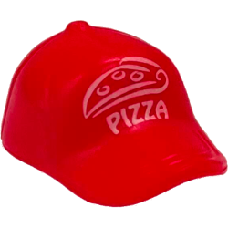 Minifigure, Headgear Cap - Short Curved Bill with Seams and Button on Top with White 'PIZZA' and Pizza Slice Pattern