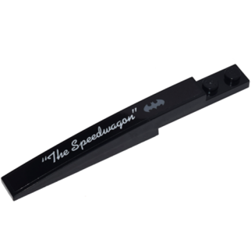 Деталь LEGO 85970pb017L Slope, Curved 10 x 1 with Silver Bat Symbol and White Script '