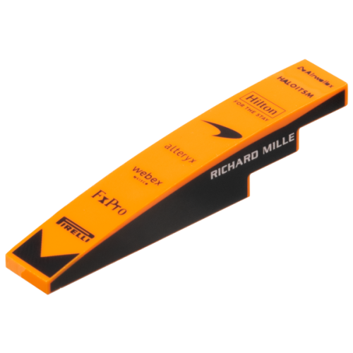 Деталь LEGO 6801pb09 Slope, Curved 6 x 1 with 'Airwallex', 'HALOITSM', 'Hilton FOR THE STAY', McLaren, 'alteryx', 'webex by CISCO', 'FxPro' and 'PIRELLI' Logos, White 'RICHARD MILLE' on Black Background on Both Sides Pattern