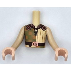Torso Mini Doll Boy Tan and Olive Green Tunic with Medium Nougat Squares, Dark Brown Belt with Copper Buckle, Ornate Collar Pattern, Light Nougat Arms and Hands with Tan Long Sleeves