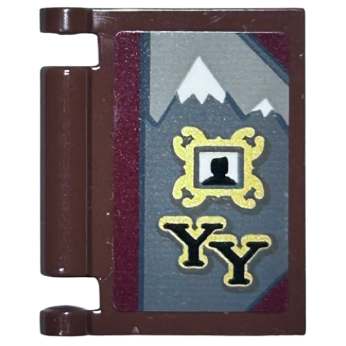 Деталь LEGO 24093pb043 Minifigure, Utensil Book Cover with Snow Covered Mountains, Black Silhouette in Gold Frame and Black 'YY' Pattern (Sticker) - Set 76389