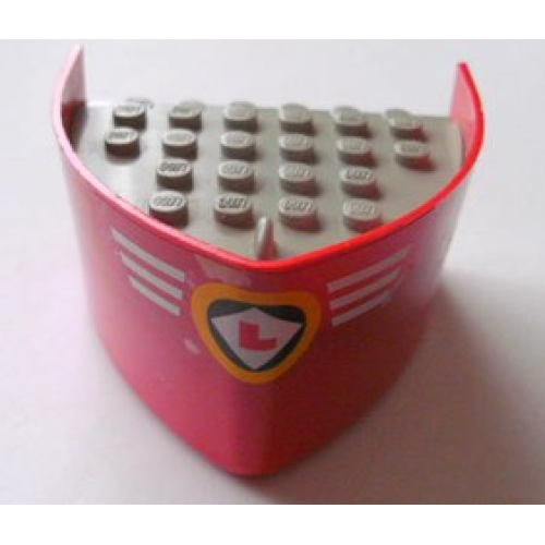 Деталь LEGO x145c01pb01 Boat, Hull Smooth Bow 5 x 6 x 3 1/3 with Light Gray Deck with White Stripes and Red 'L' in White/Black/Orange Logo Pattern (Sticker) - Sets 4005 / 4015 / 4025 - Red