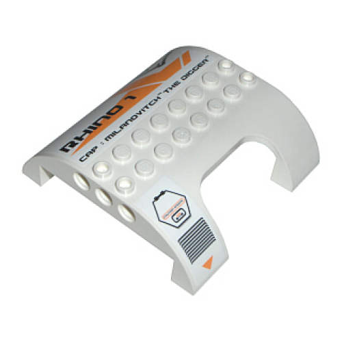 Деталь LEGO 54096pb01L Slope, Curved 8 x 8 x 2 Double with Cutout with Vent and 'RHINO 1 CAP : MILANOVITCH 