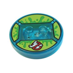 Dimensions Toy Tag 4 x 4 x 2/3 with 2 Studs and Trans-Light Blue Bottom with Ghostbusters Logo and Bright Green Slime on Lime Background Pattern (Slimer)