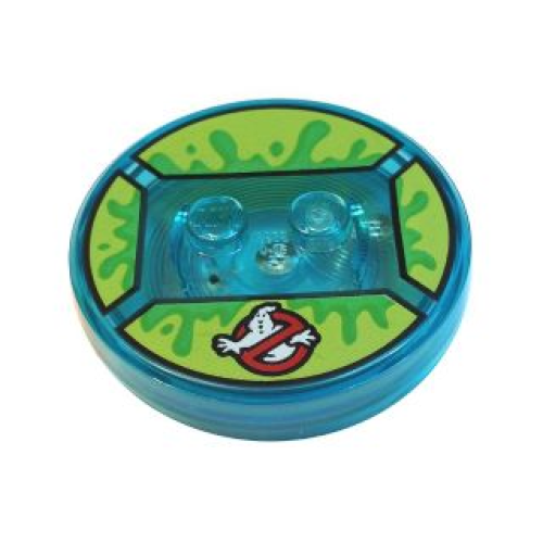 Деталь LEGO 18605c01pb39 Dimensions Toy Tag 4 x 4 x 2/3 with 2 Studs and Trans-Light Blue Bottom with Ghostbusters Logo and Bright Green Slime on Lime Background Pattern (Slimer)