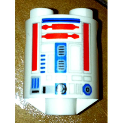 Деталь LEGO 30361cpb017 Brick, Round 2 x 2 x 2 Robot Body with Bottom Axle Holder (x Shape / + Orientation) with SW Astromech Droid Light Bluish Gray Rectangles, Red Utility Arms, Blue Center Panel Pattern