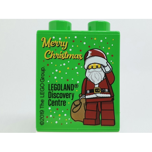Деталь LEGO 4066pb509 Duplo, Brick 1 x 2 x 2 with Merry Christmas 2019 LEGOLAND Discovery Centre Santa Pattern