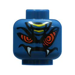 Minifigure, Head Alien Snake with Black Long Eyebrows, Large Red Eyes, Yellow Scales, Wide Lopsided Grin with Fangs Pattern