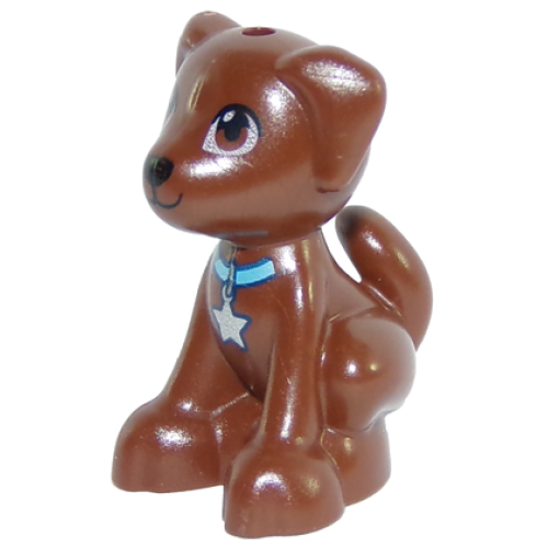 Деталь LEGO 27986pb01 Dog, Friends Style, Labrador / Labradoodle, Sitting with Black Nose and Mouth, Reddish Brown Eyes and Medium Azure Collar with Silver Star Tag Pattern (Puppy Dash / Scout)
