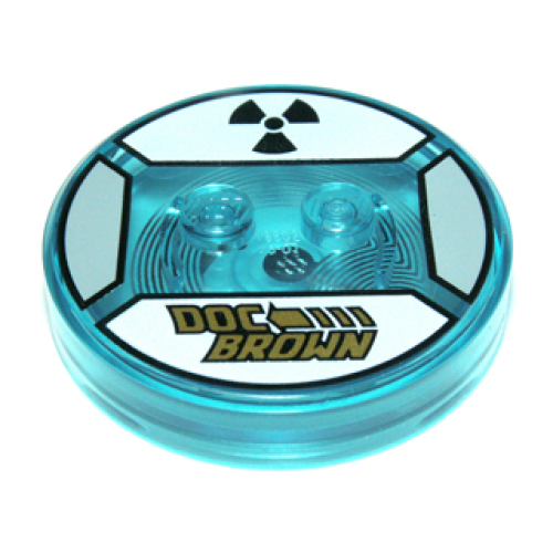 Деталь LEGO 18605c01pb41 Dimensions Toy Tag 4 x 4 x 2/3 with 2 Studs and Trans-Light Blue Bottom with Gold 'DOC BROWN' and Broken Arrow, Black Radioactive Symbol on White Background Pattern (Doc Brown)