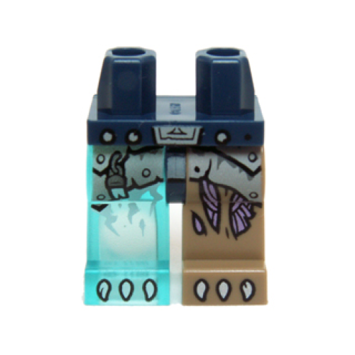 Деталь LEGO 970d21pb01 Hips and 1 Dark Tan Left Leg, 1 Trans-Light Blue Right Leg with Gray Armor, Purple Sinew Patches and White Claws Pattern