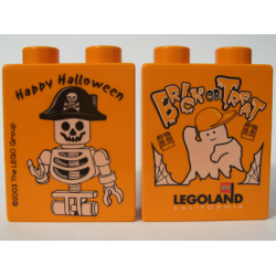 Duplo, Brick 1 x 2 x 2 with Halloween 2003 Brick or Treat / Happy Halloween Pattern (LEGOLAND Logo) Duplo, Brick 1 x 2 x 2 with Halloween 2003 Brick or Treat / Happy Halloween Pattern (LEGOLAND Logo)