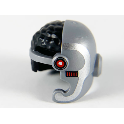 Minifigure, Headgear Helmet Cyborg Side Open with Black Hair, Red Square Eye, Dot and Silver Trim Pattern