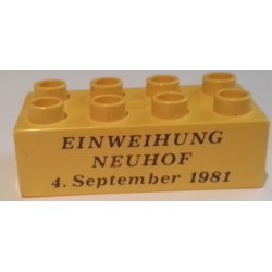 Duplo, Brick 2 x 4 with Einweihung Neuhof 4. September 1981 Pattern Duplo, Brick 2 x 4 with Einweihung Neuhof 4. September 1981 Pattern