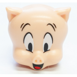 Minifigure, Head, Modified Looney Tunes Porky Pig with Red Tongue, Black Raised Eyebrows and Pupils Pattern