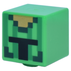 Minifigure, Head, Modified Cube with Pixelated Dark Green and Gold Helmet with Vertical Green Stripes and Black Opening Pattern (Minecraft Cactus Knight)