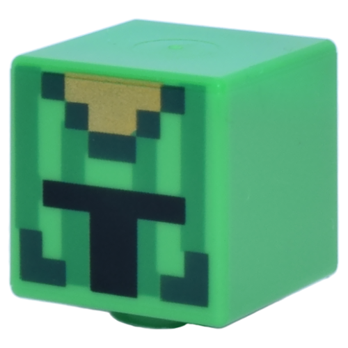 Деталь LEGO 19729pb091 Minifigure, Head, Modified Cube with Pixelated Dark Green and Gold Helmet with Vertical Green Stripes and Black Opening Pattern (Minecraft Cactus Knight)