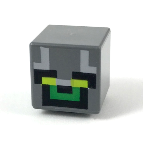 Деталь LEGO 19729pb025 Minifigure, Head, Modified Cube with Pixelated Lime Eyes, Green Mouth, Light Bluish Gray Markings, and Black Eyebrows and Nose Pattern (Minecraft Skull Arena Player)
