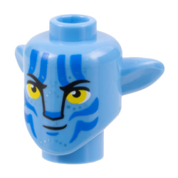 Minifigure, Head, Modified Alien Na'vi with Yellow Eyes, Silver Spots, Blue Markings, Smirk with Left Corner Lifted Pattern Minifigure, Head, Modified Alien Na'vi with Yellow Eyes, Silver Spots, Blue Markings, Smirk with Left Corner Lifted Pattern