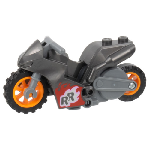 Деталь LEGO 75533pb07c01 Stuntz Flywheel Motorcycle Sport Bike Tapered Front with Dark Bluish Gray Frame, Orange Wheels, and Dark Bluish Gray Handlebars with 'RR' in Silver Flames and Red and Blue Flame on Opposite Sides Pattern