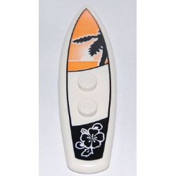 Minifigure, Utensil Surfboard Standard with Black Palm Tree on Orange Sunset Background and Black Flower Pattern
