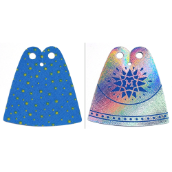 Mini Doll, Cape Cloth, Friends, Tapered with 2 Small Top Holes, Blue Side with Yellow Stars and Iridescent Side with Dark Blue Star and Letter M Pattern Mini Doll, Cape Cloth, Friends, Tapered with 2 Small Top Holes, Blue Side with Yellow Stars and Iridescent Side with Dark Blue Star and Letter M Pattern