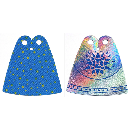 Деталь LEGO 105173 Mini Doll, Cape Cloth, Friends, Tapered with 2 Small Top Holes, Blue Side with Yellow Stars and Iridescent Side with Dark Blue Star and Letter M Pattern