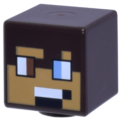 Minifigure, Head, Modified Cube with Pixelated Medium Nougat Face, Reddish Brown and Medium Blue Eyes, Black and White Mouth Pattern (Minecraft Safari Ranger)
