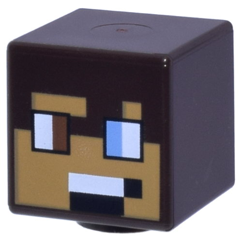 Деталь LEGO 19729pb094 Minifigure, Head, Modified Cube with Pixelated Medium Nougat Face, Reddish Brown and Medium Blue Eyes, Black and White Mouth Pattern (Minecraft Safari Ranger)