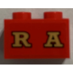 Brick 1 x 2 with Gold 'RA' (RAILROAD) on Red Background Pattern (Sticker) - Set 71044