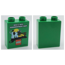 Duplo, Brick 1 x 2 x 2 with Big E 2011 Connecticut Day Cow Pattern - Green Duplo, Brick 1 x 2 x 2 with Big E 2011 Connecticut Day Cow Pattern - Green