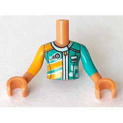 Torso Mini Doll Girl Bright Light Orange and Dark Turquoise Racing Jacket Pattern, Medium Nougat Arms with Hands with Bright Light Orange Right Sleeve, Dark Turquoise Left Sleeve
