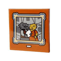 Tile 4 x 4 with Painting with Dragonborn Minifigures (Alax Jadescales's Parents) and White Egg on Light Bluish Gray and Dark Bluish Gray Background with Black, Blue and Tan Frame Pattern (Sticker) - Set 21348