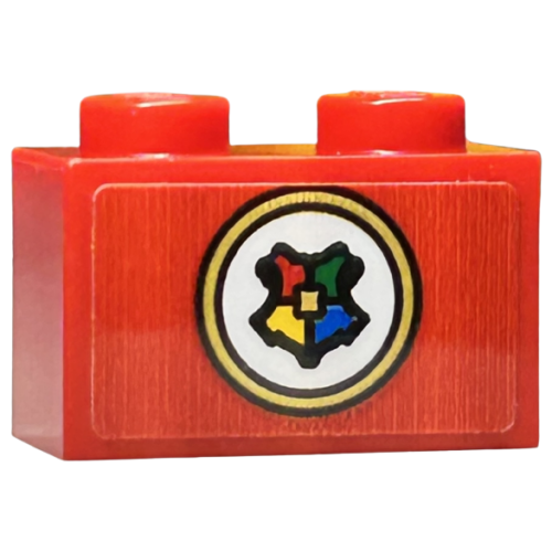 Деталь LEGO 3004pb312 Brick 1 x 2 with Hogwarts Symbol / Shield on White Circle with Gold Border Pattern (Sticker) - Set 76423