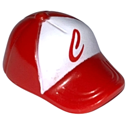 Minifigure, Headgear Cap - Short Curved Bill with Seams and Button on Top with Script Capital Letter C on White Background Pattern