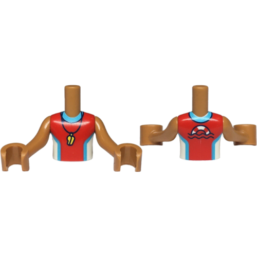 Деталь LEGO FTBpb122c01 Torso Mini Doll Boy Red and White Sleeveless Wetsuit with Medium Azure Trim, Yellow Whistle, Life Preserver on Back Pattern, Medium Nougat Arms with Hands