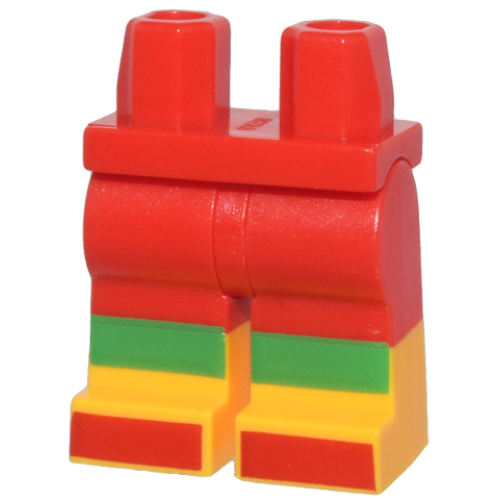Деталь LEGO 970c00pb1607 Hips and Legs with Molded Bright Light Orange Lower Legs / Boots and Printed Bright Green Knee Stripes and Red Toes Pattern